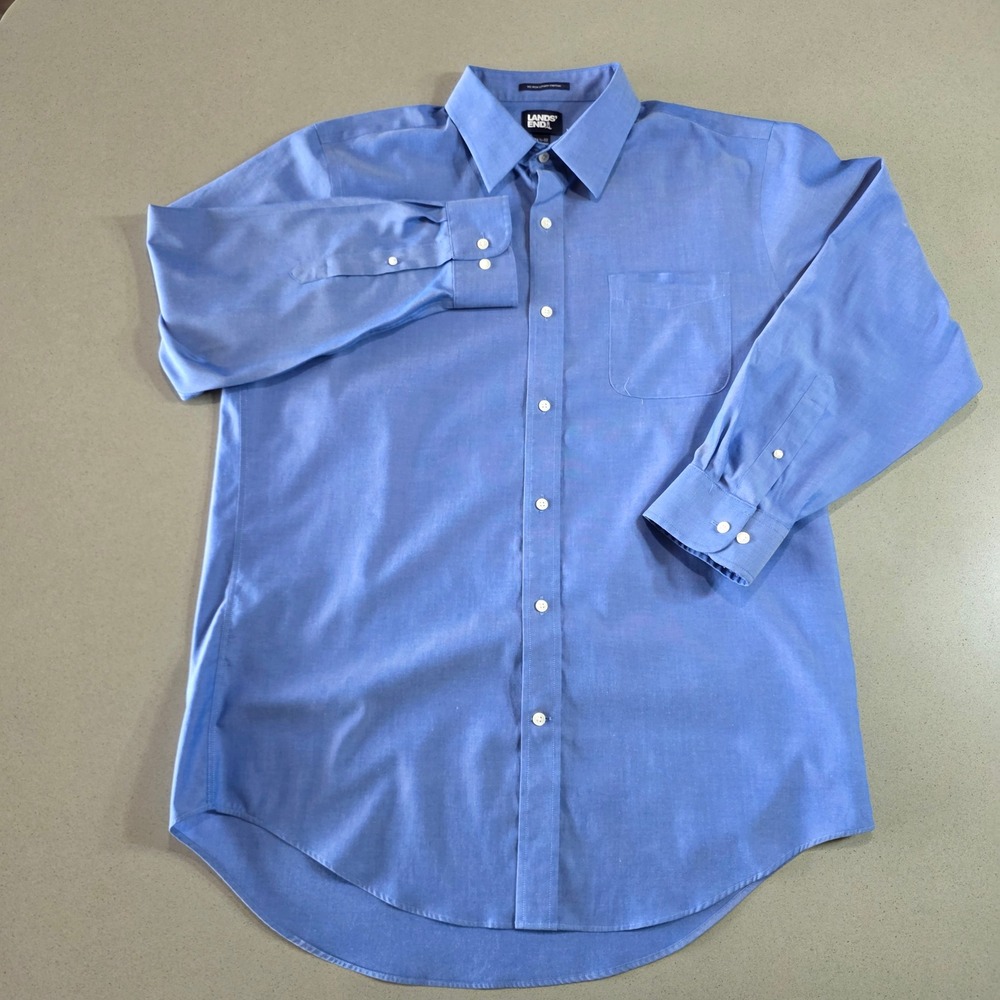 Lands End Mens 16.5-32 Blue No Iron Supima Pinpoint Dress Shirt Traditional Fit